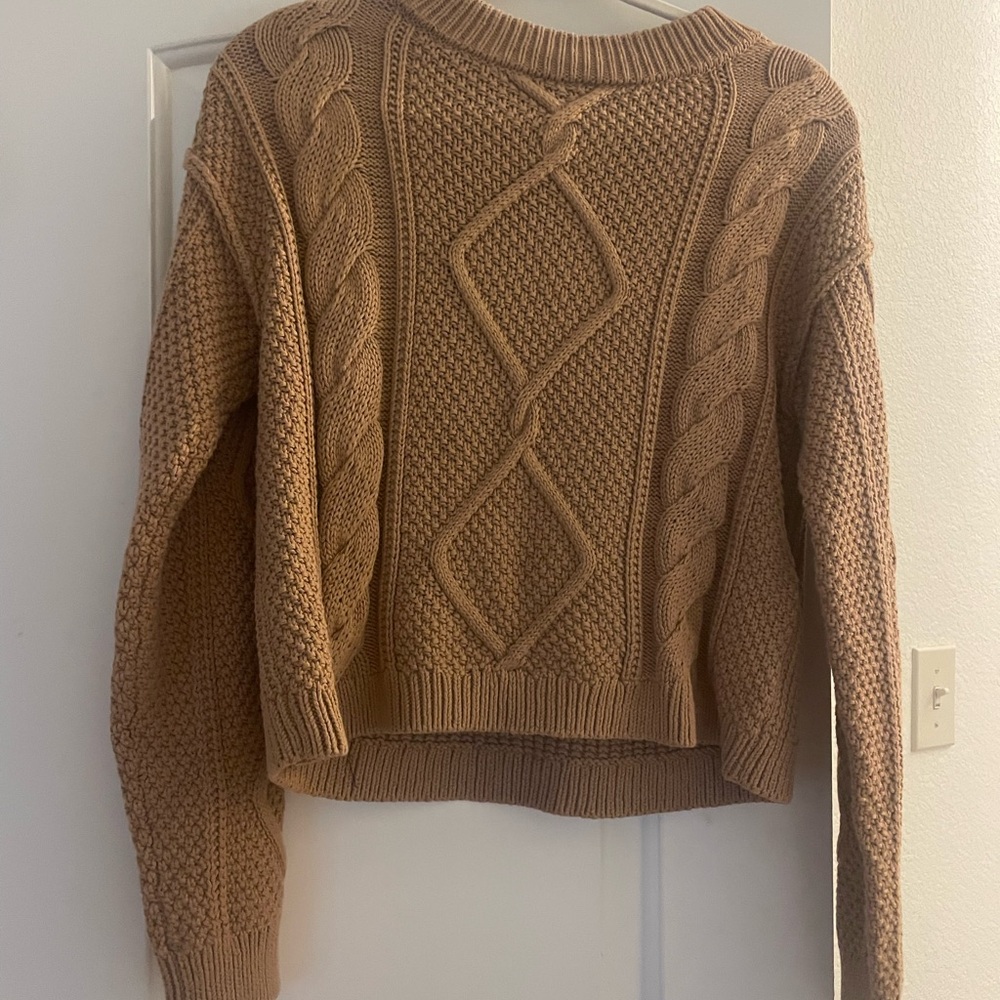 Quince Camel Cable Knit Crewneck Sweater